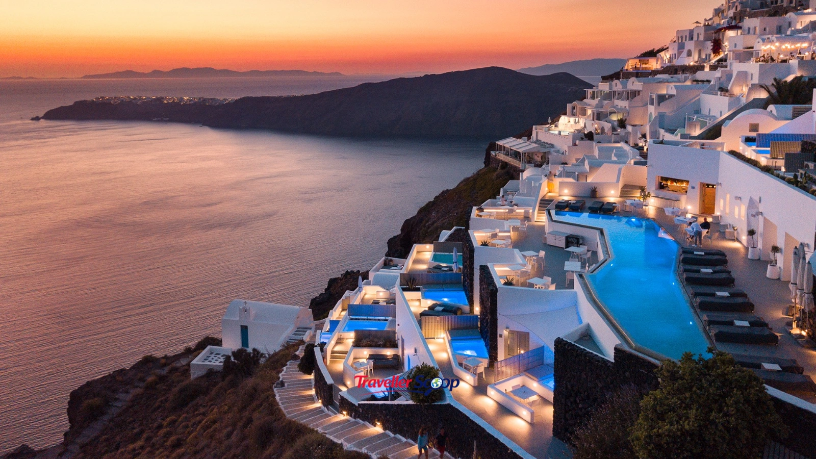 Santorini cliffside hotels and sunset view Santorini cliffside hotels and sunset view