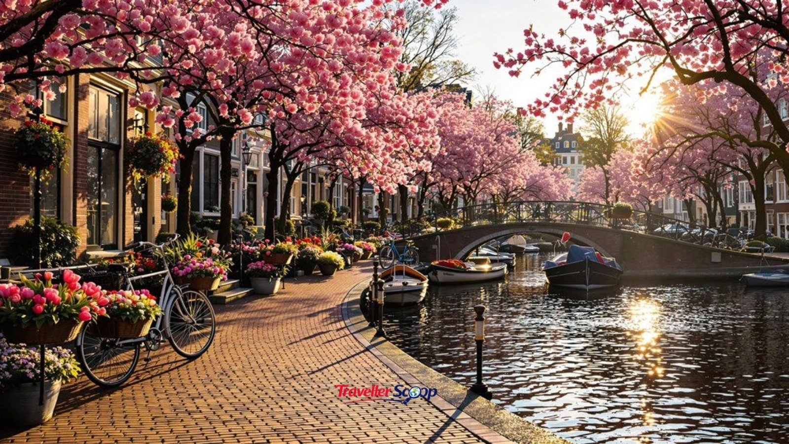 Spring season in Europe with blooming flowers and scenic European streets