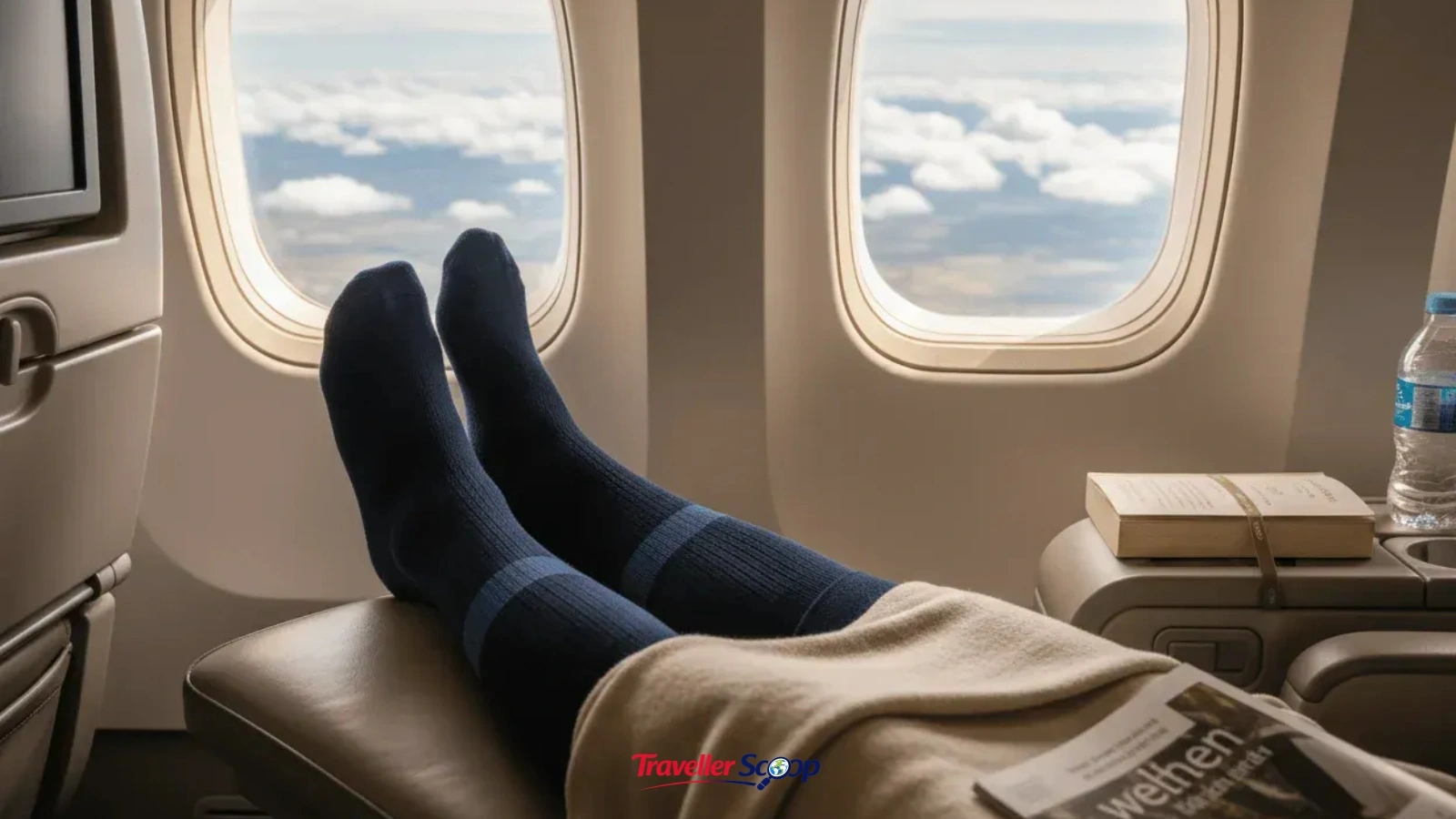 Senior passenger wearing compression stockings on a long flight