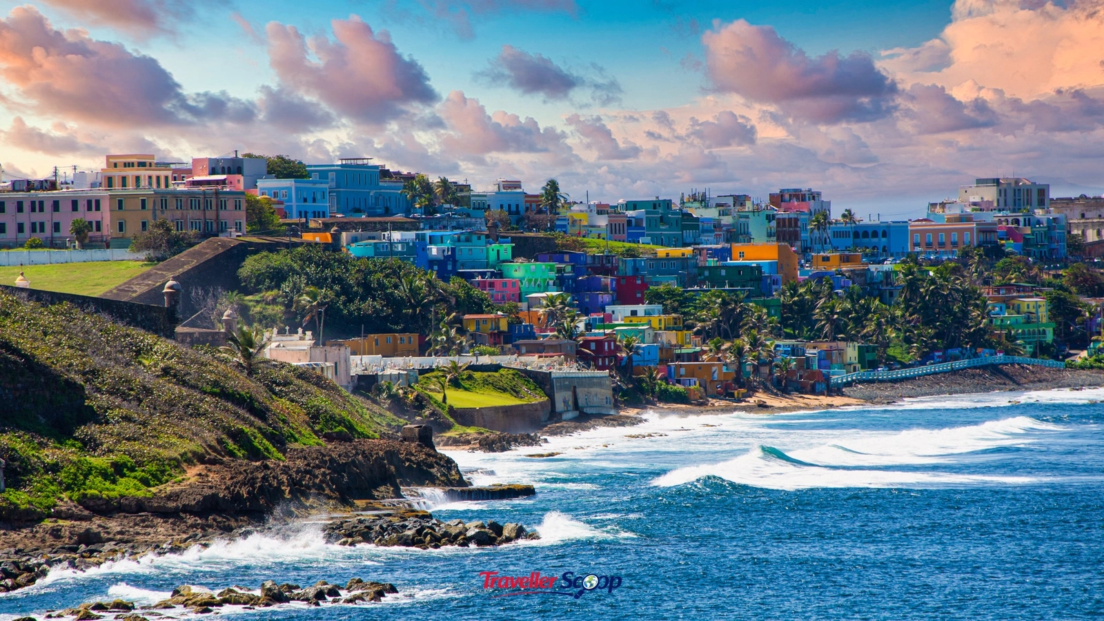 Aerial view of Old San Juan Puerto Rico with colorful buildings and ocean Aerial view of Old San Juan Puerto Rico with colorful buildings and ocean