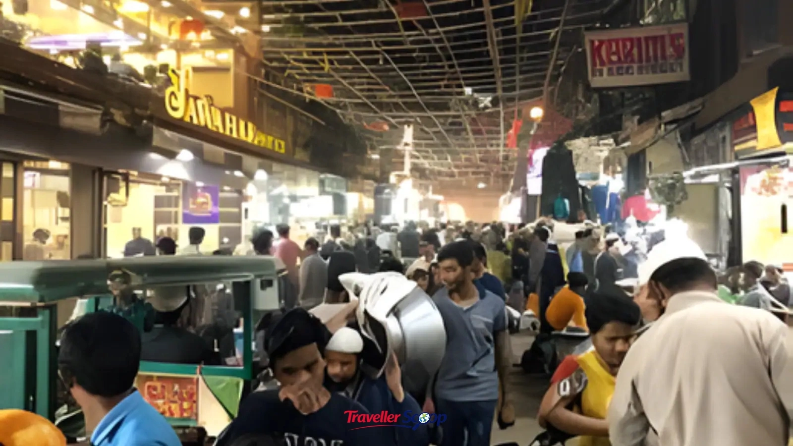 Crowded Chandni Chowk food lane filled with glowing food stalls Crowded Chandni Chowk food lane filled with glowing food stalls