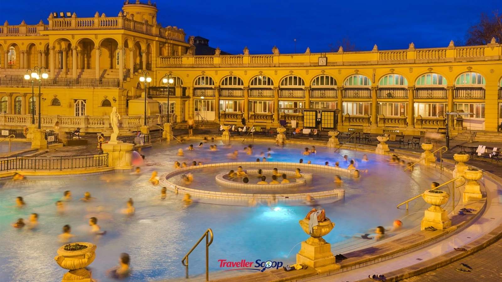 Budapest Széchenyi thermal baths and Parliament building at night Budapest Széchenyi thermal baths and Parliament building at night
