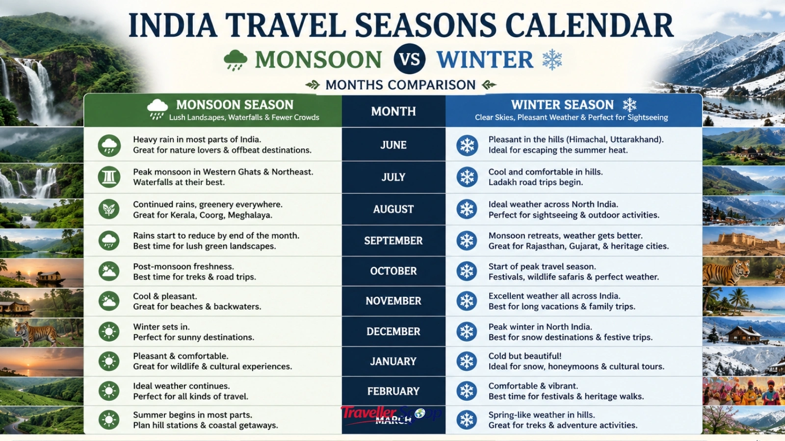 India travel seasons calendar – monsoon vs winter months comparison India travel seasons calendar - monsoon vs winter months comparison
