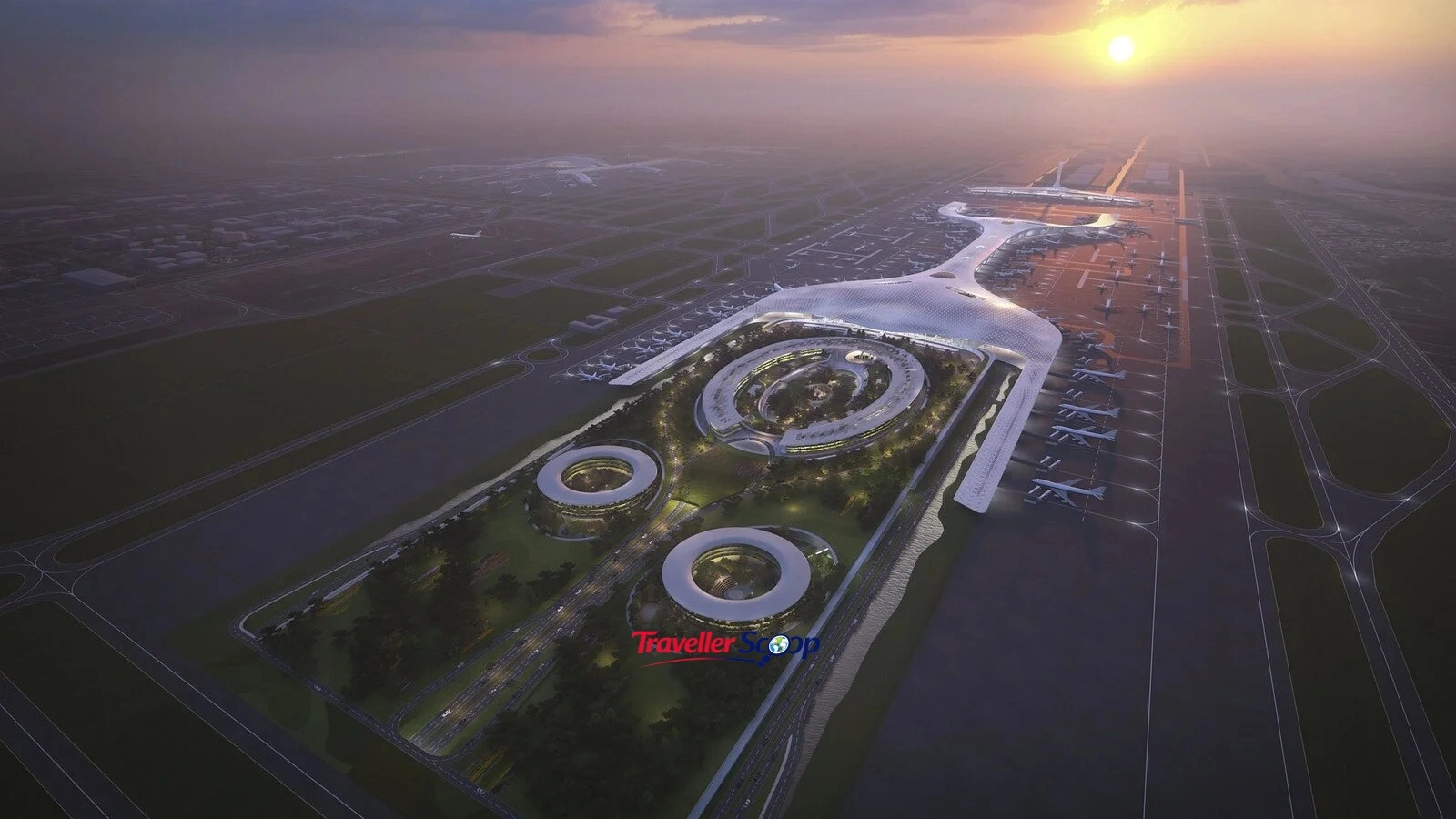 Guangzhou Baiyun Airport Terminal 3 aerial view with rooftop gardens Guangzhou Baiyun Airport Terminal 3 aerial view with rooftop gardens