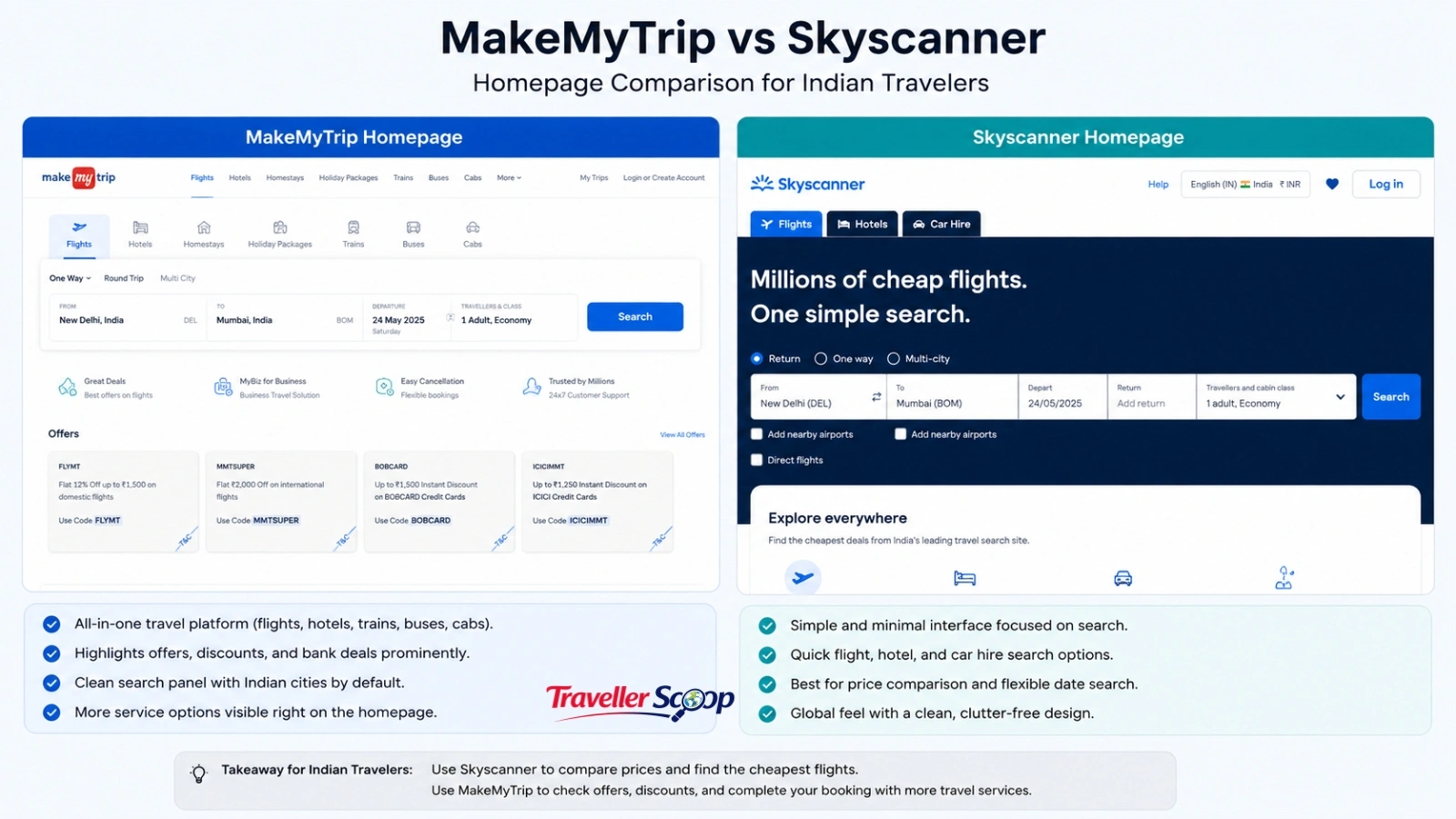 MakeMyTrip vs Skyscanner homepage comparison for Indian travelers MakeMyTrip vs Skyscanner homepage comparison for Indian travelers