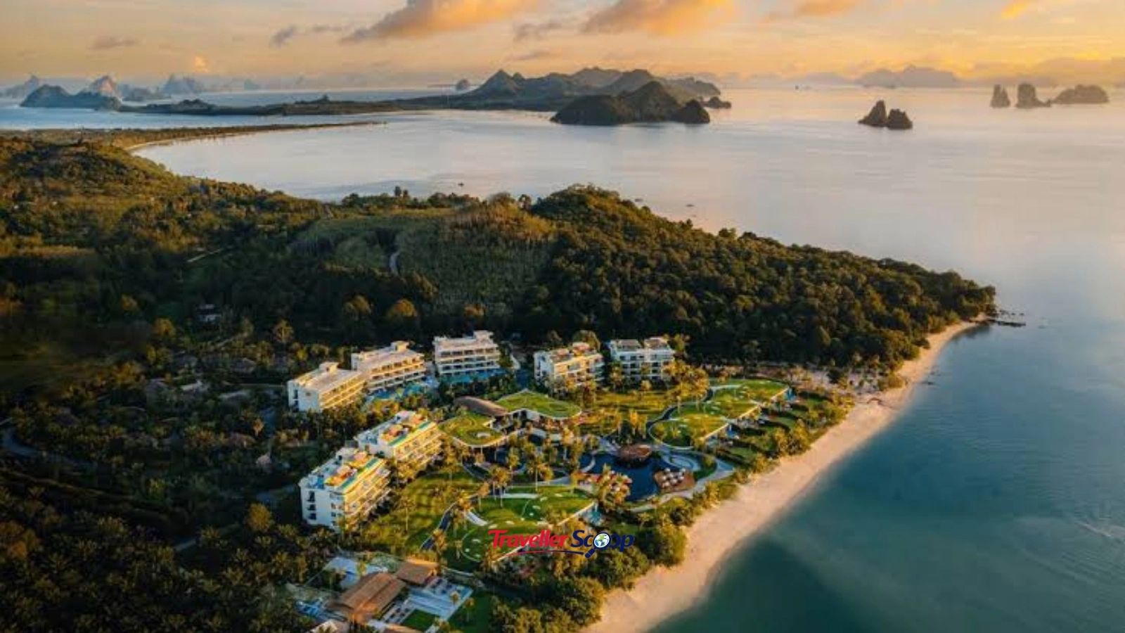 Aerial view of one of the most stunning hotels in Thailand surrounded by tropical greenery and blue sea Aerial view of one of the most stunning hotels in Thailand surrounded by tropical greenery and blue sea