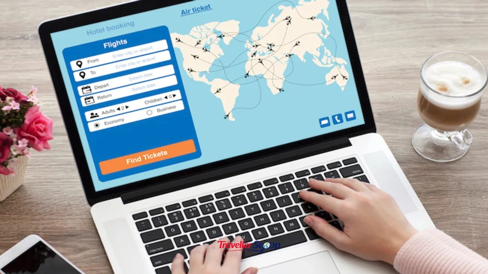 Person booking flights on laptop with coffee Person booking flights on laptop with coffee