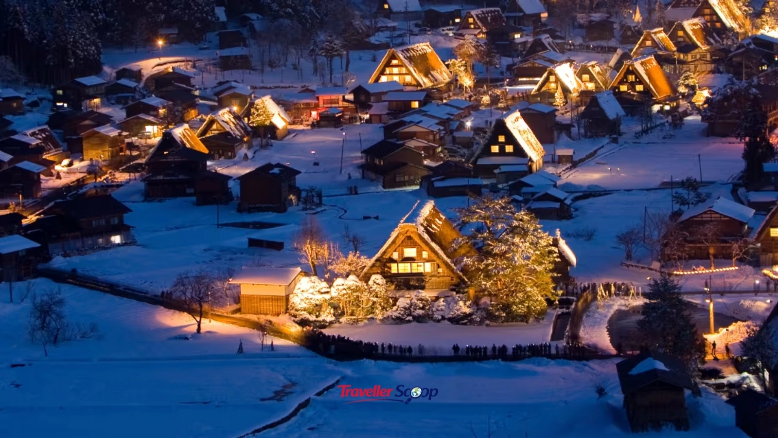 Shirakawa-go rural places in Japan UNESCO gassho-zukuri farmhouses covered in snow at night