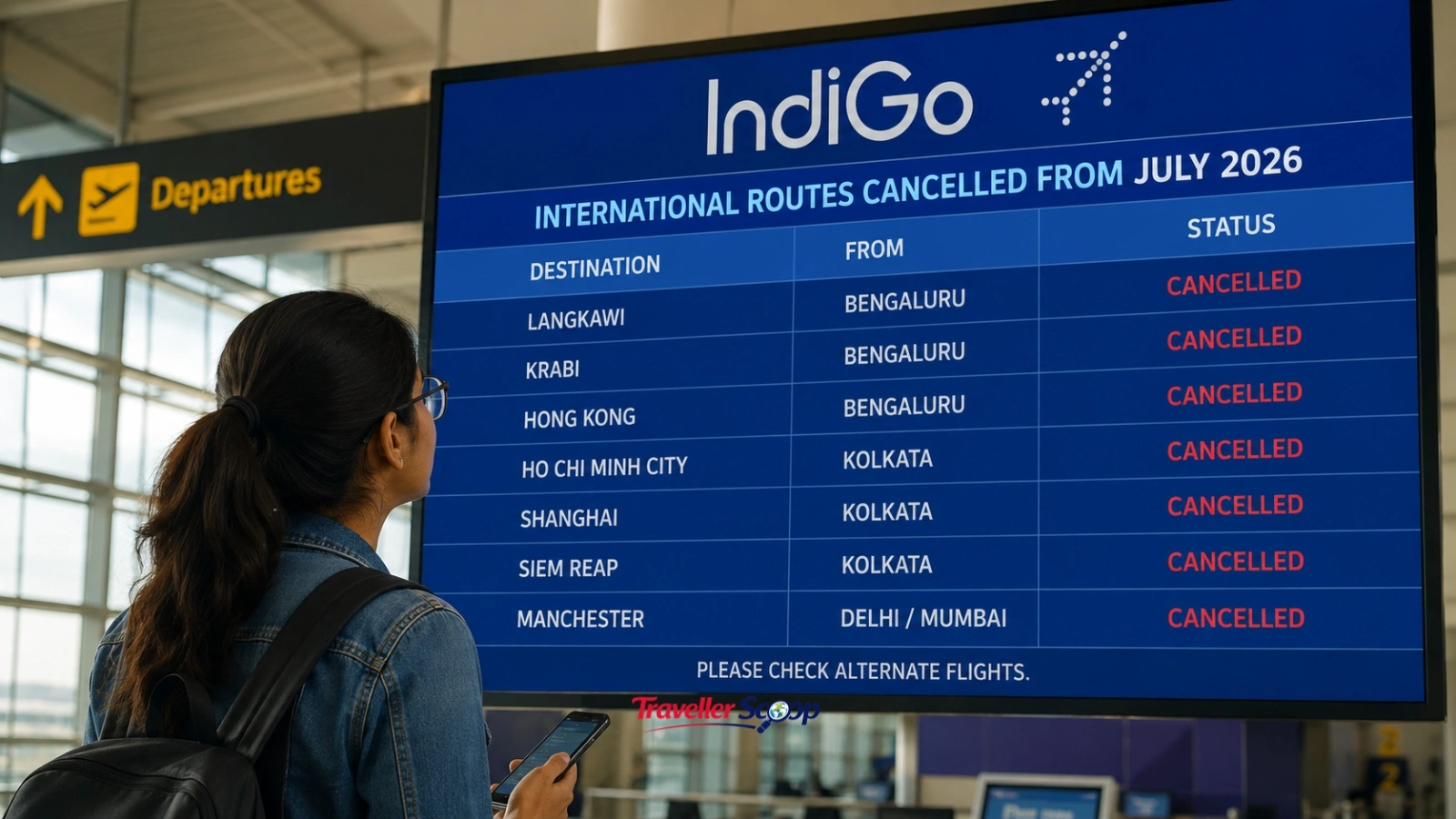 Indian traveller checking flight schedule at airport IndiGo international routes cancelled July 2026 Indian traveller checking flight schedule at airport IndiGo international routes cancelled July 2026