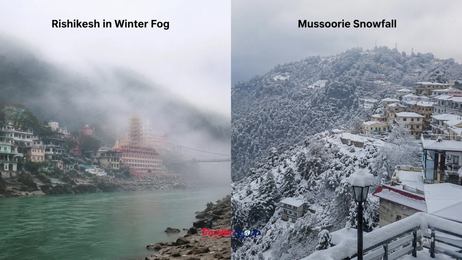 Rishikesh riverside in winter morning fog compared to Mussoorie snowfall Rishikesh riverside in winter morning fog compared to Mussoorie snowfall