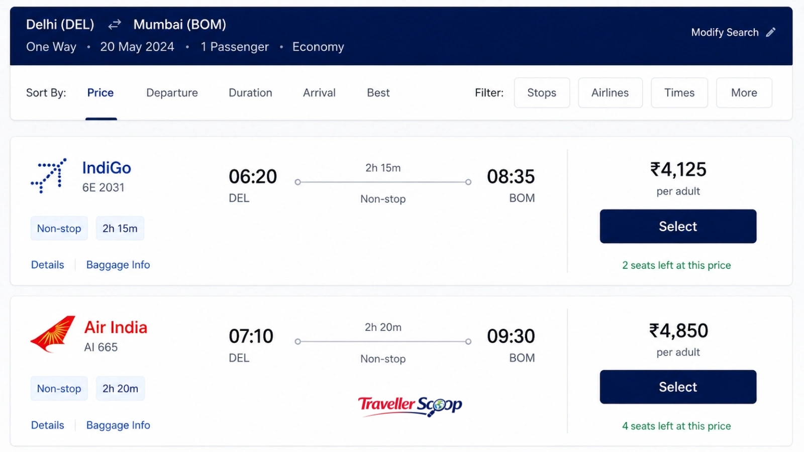 IndiGo vs Air India domestic flight ticket price comparison