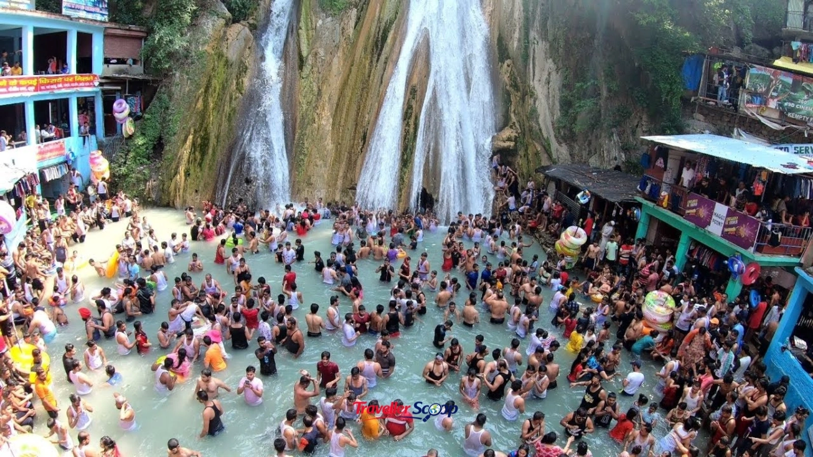 Mussoorie Mall Road colonial era buildings and Kempty Falls waterfall tourist attraction Mussoorie Mall Road colonial era buildings and Kempty Falls waterfall tourist attraction
