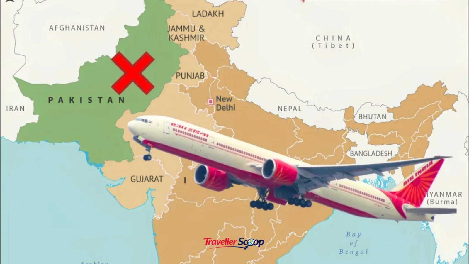 Map showing diverted Indian flight routes due to India Pakistan airspace ban 2026