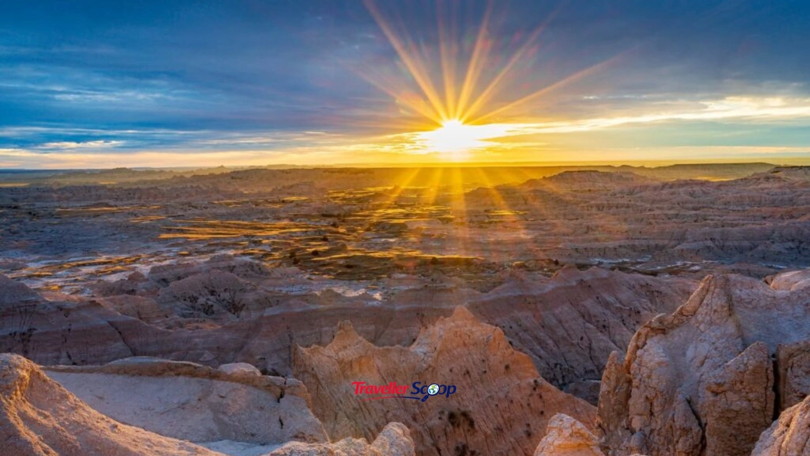 Badlands National Park at sunset with orange sky Badlands National Park at sunset with orange sky