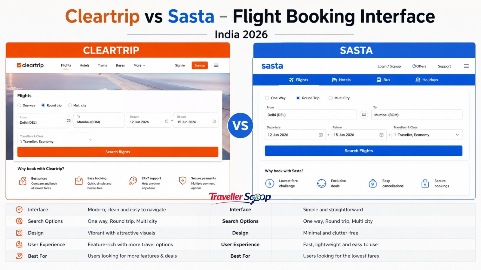 Cleartrip vs Sasta flight booking interface comparison India 2026]