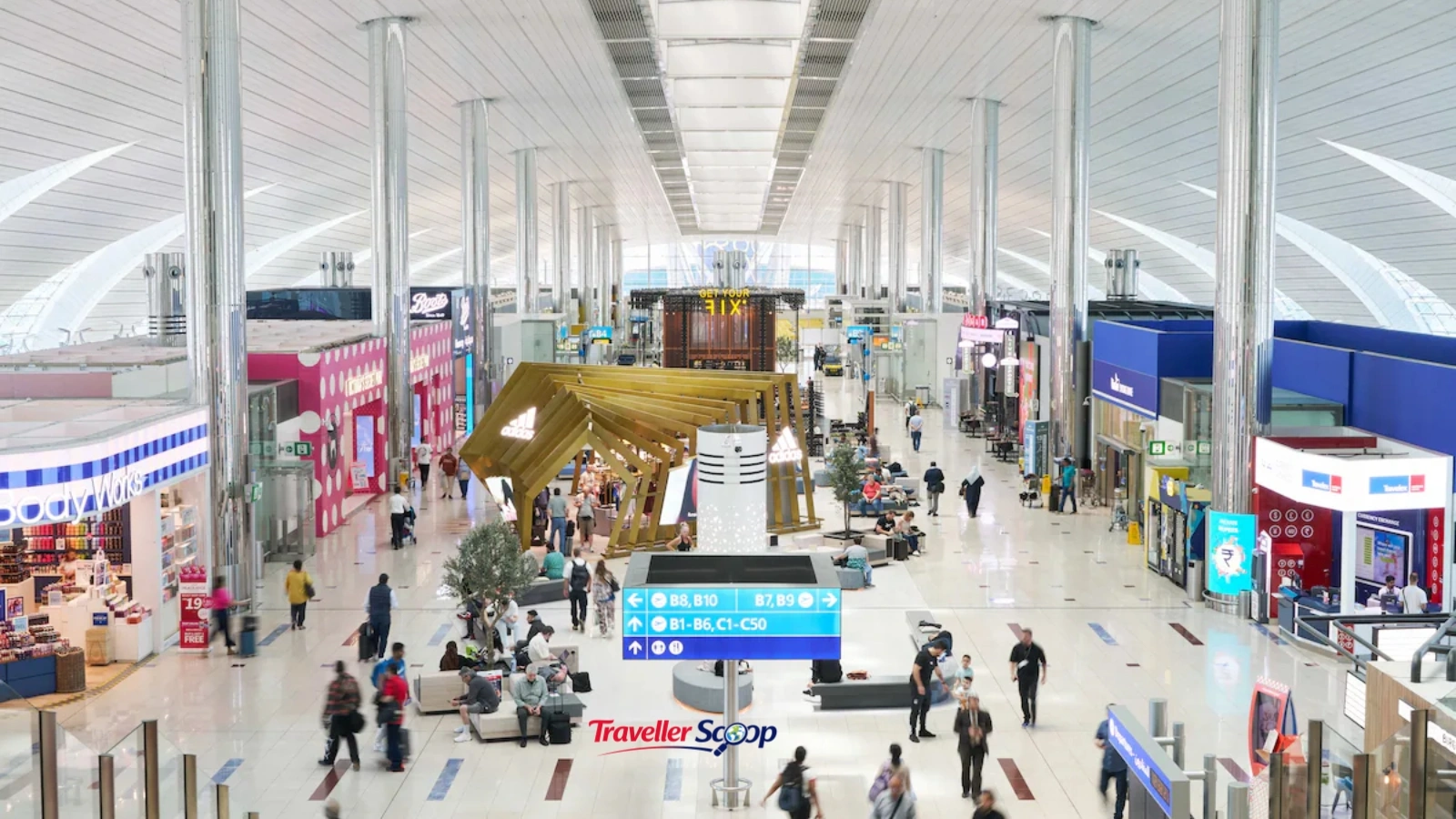 DXB airport arrival time tips Terminal 3 departure hall at Dubai International Airport
