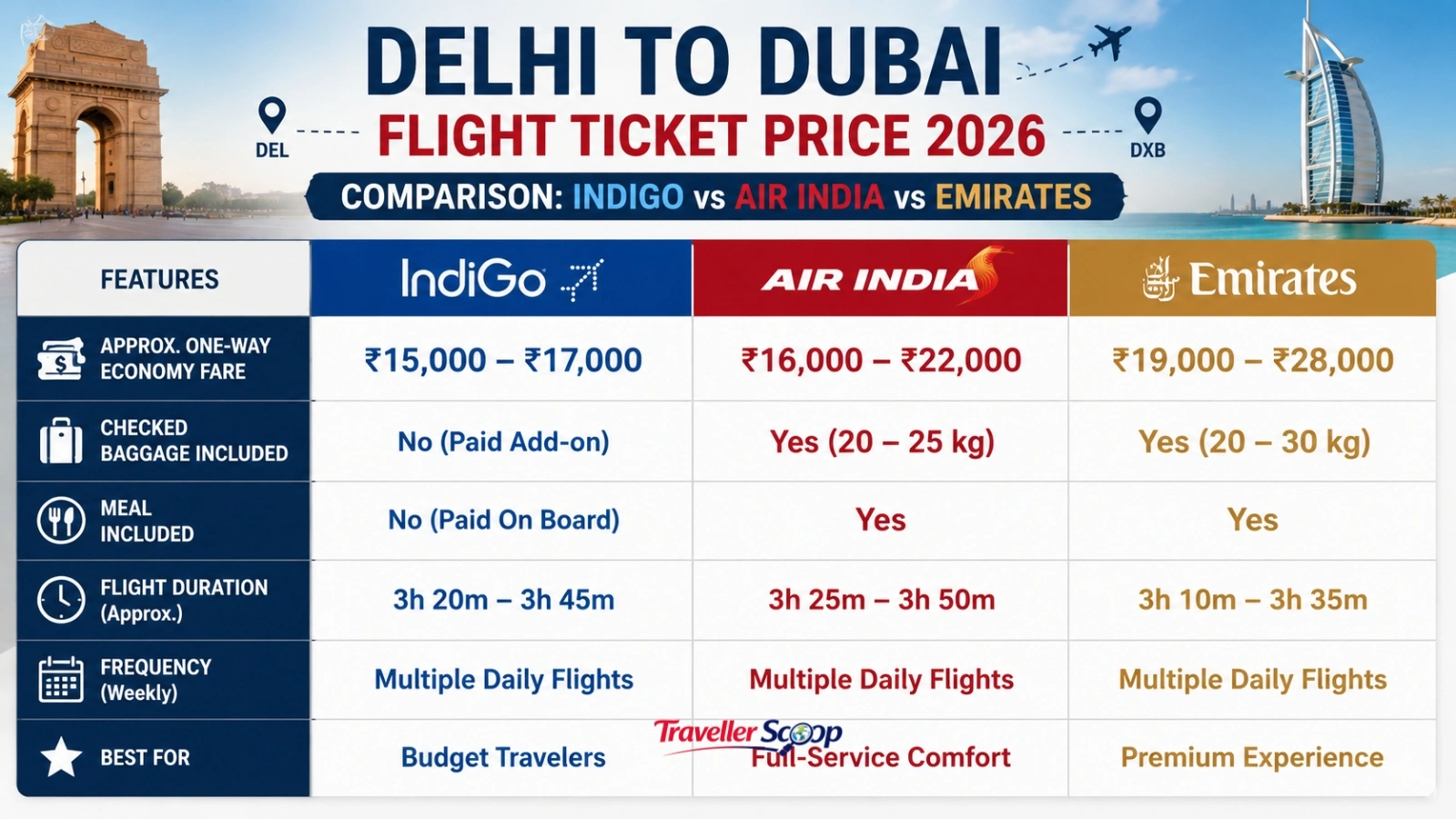 Delhi to Dubai flight ticket price 2026 comparison table IndiGo Air India Emirates Delhi to Dubai flight ticket price 2026 comparison table IndiGo Air India Emirates