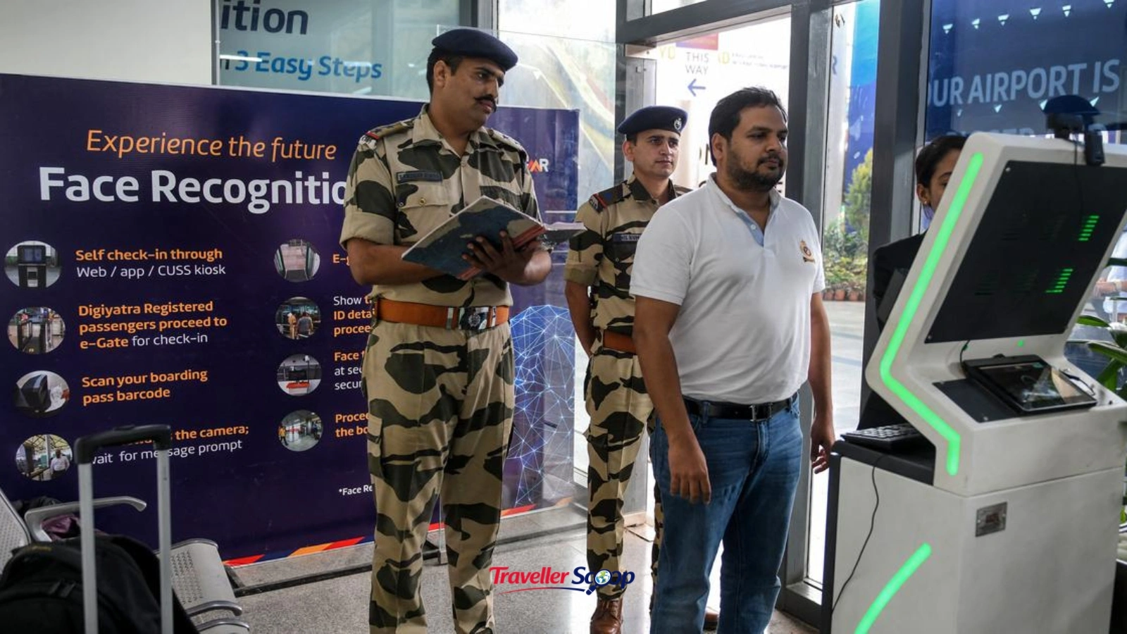 A traveler scanning their face at a Digi Yatra e-gate at an Indian airport
