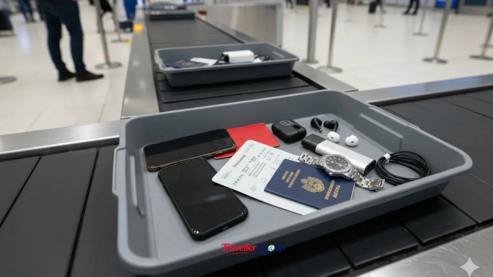 Airport security tray with phone and laptop, illustrating shocking airport habits Airport security tray with phone and laptop, illustrating shocking airport habits