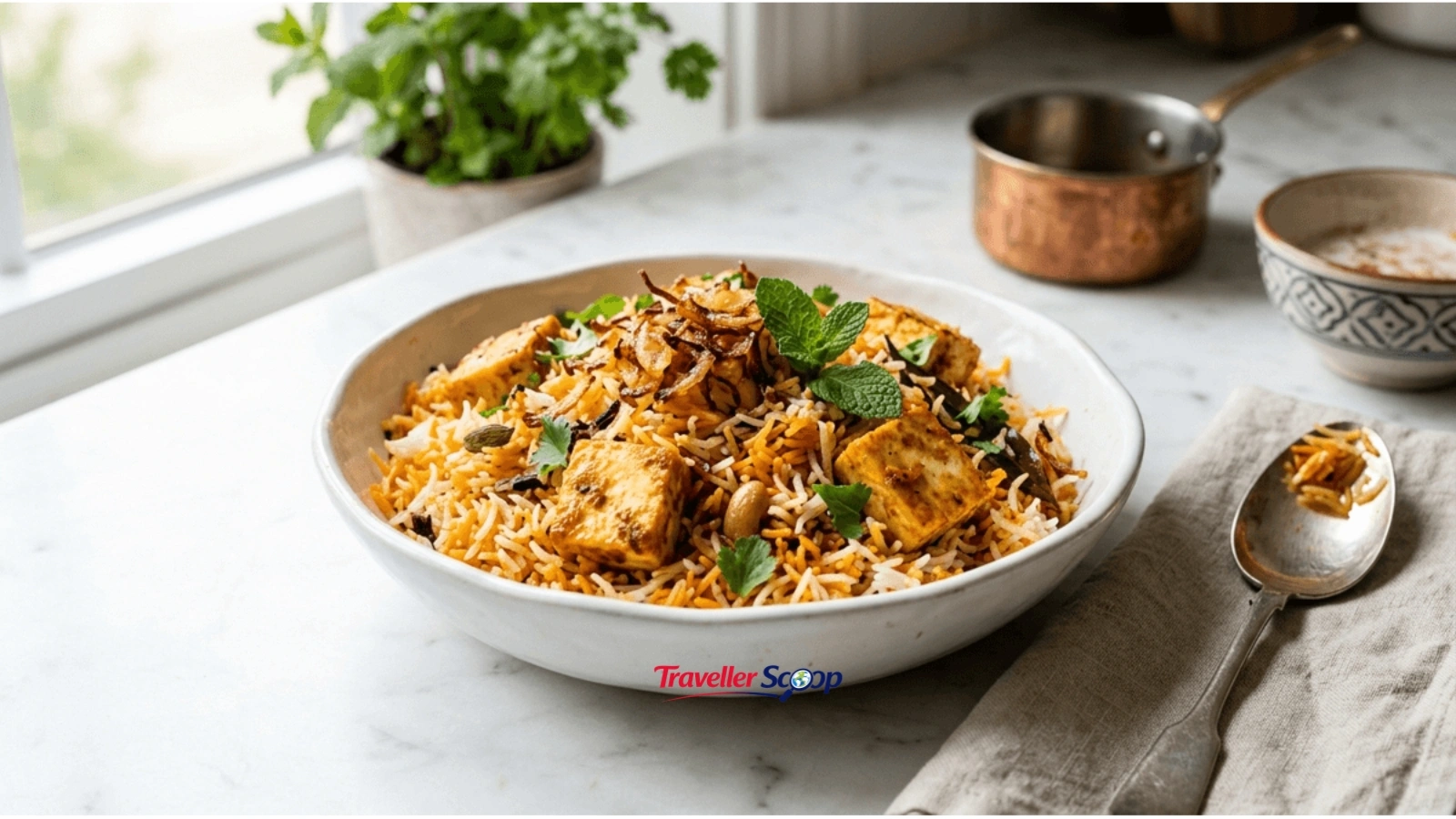 A beautifully plated Zaffran Paneer Biryani on dark, obsidian-toned dinnerware against moody restaurant lighting A beautifully plated Zaffran Paneer Biryani on dark, obsidian-toned dinnerware against moody restaurant lighting