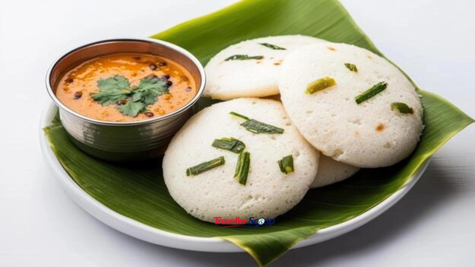 A plate of golden mini gunpowder idlis with chutney, styled on a banana leaf placemat A plate of golden mini gunpowder idlis with chutney, styled on a banana leaf placemat.
