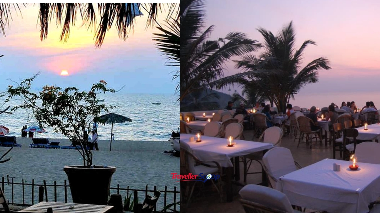 A sunset shot of an open-air Goan restaurant terrace with string lights and a cocktail in the foreground. A sunset shot of an open-air Goan restaurant terrace with string lights and a cocktail in the foreground.