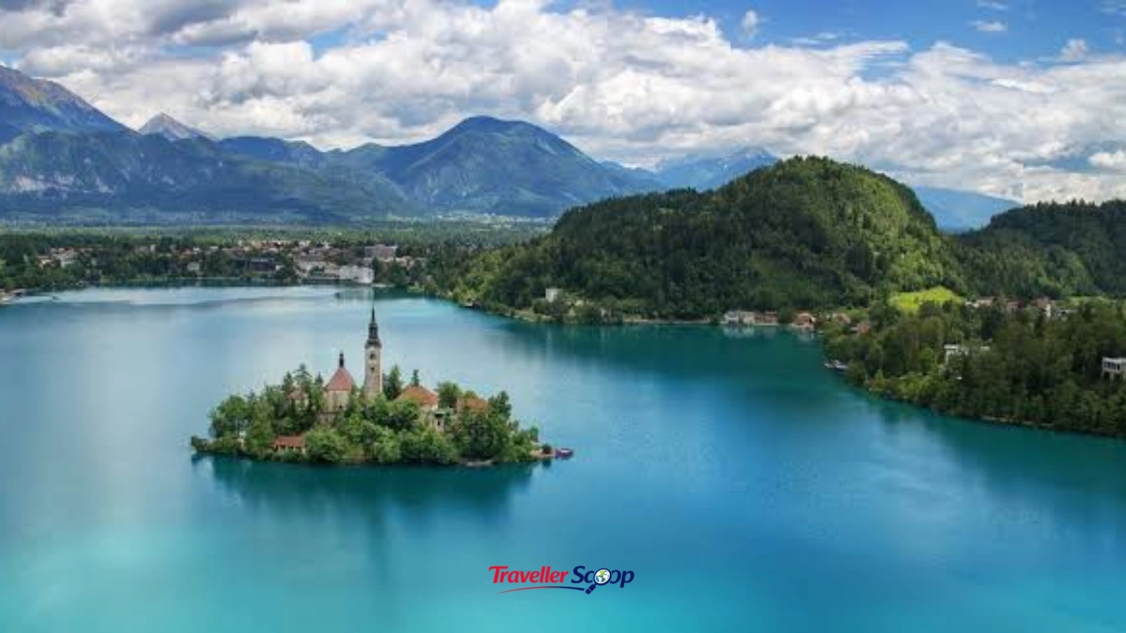 Bled Island church with the castle on the cliff behind it. Bled Island church with the castle on the cliff behind it.