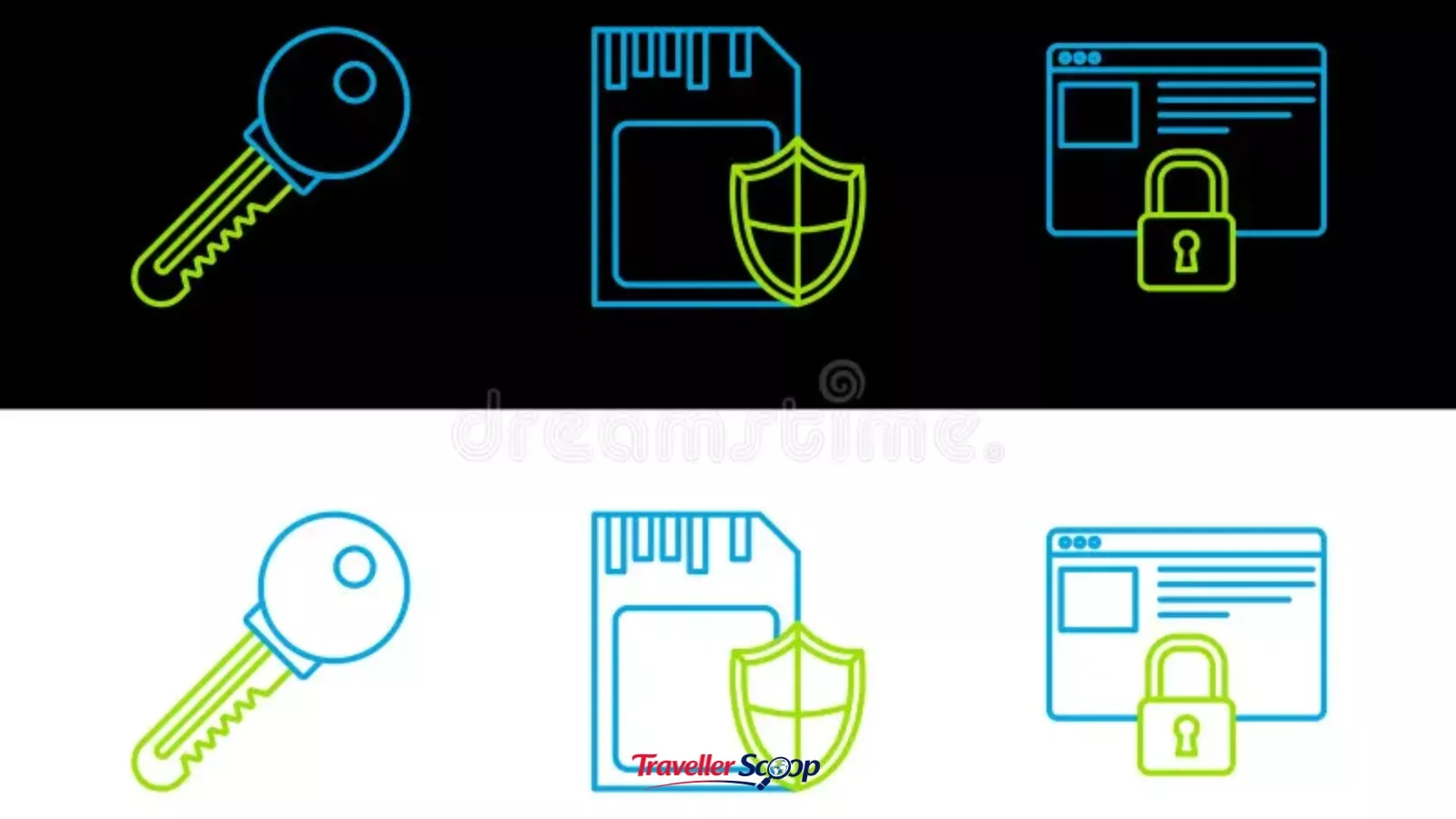 Infographic-style image: phone, passport, and credit card connected by warning icons Infographic-style image: phone, passport, and credit card connected by warning icons