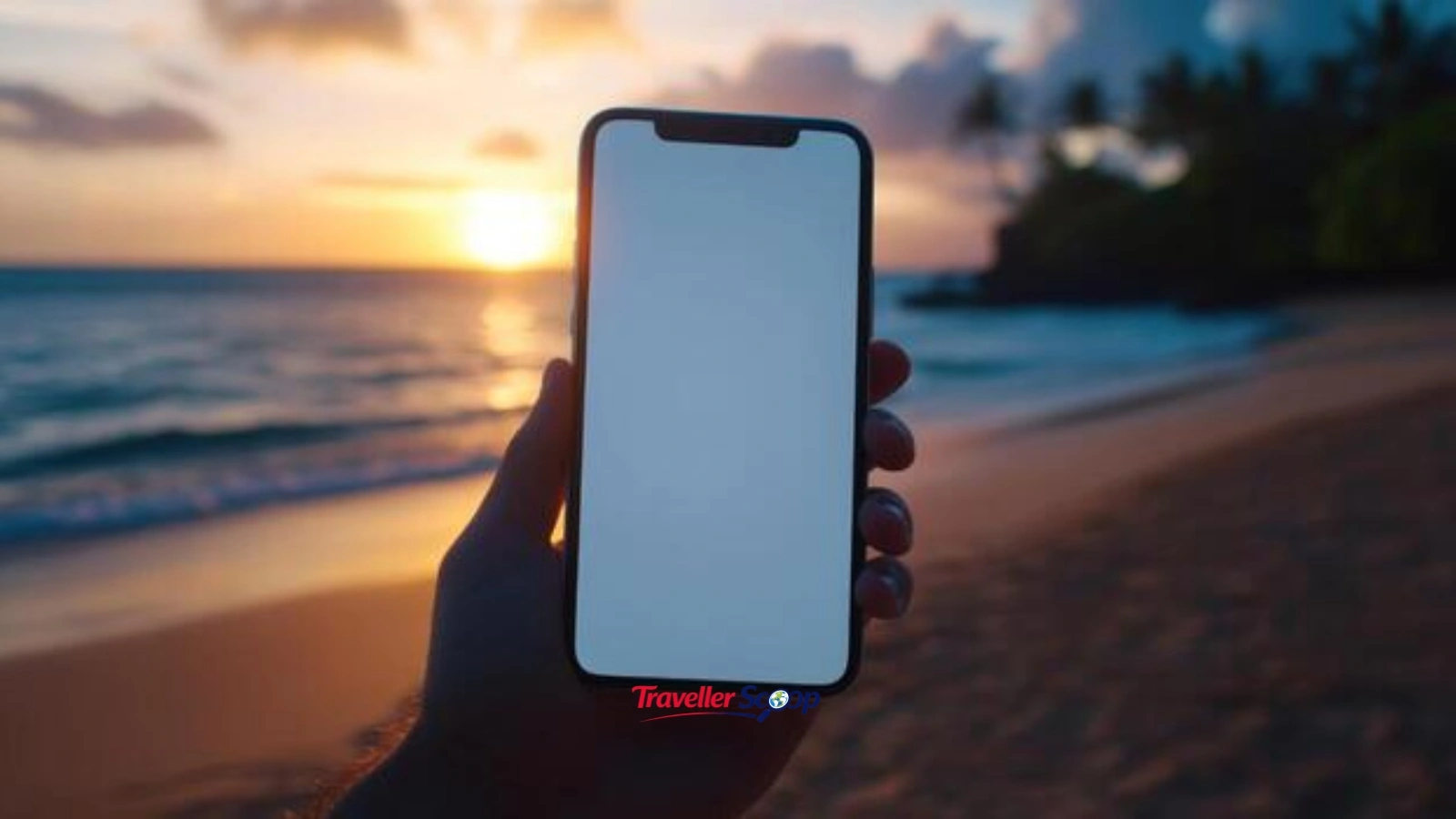 Smartphone showing a travel post with location tag, on a beach background Smartphone showing a travel post with location tag, on a beach background