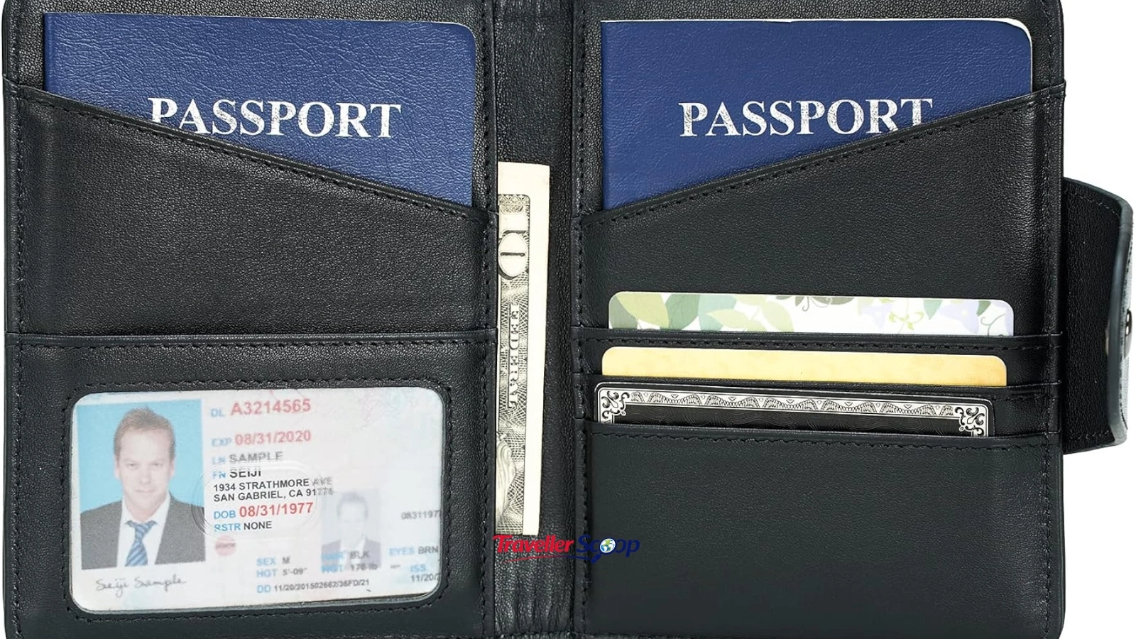 Open wallet showing multiple cards, passport, and ID cards Open wallet showing multiple cards, passport, and ID cards