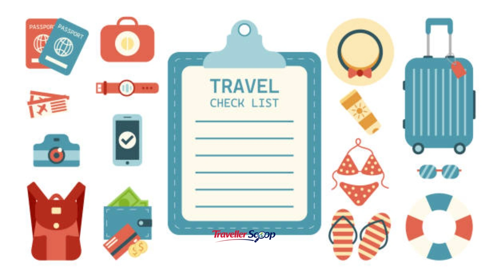 Checklist graphic with travel safety icons: VPN, lock, passport, card Checklist graphic with travel safety icons: VPN, lock, passport, card