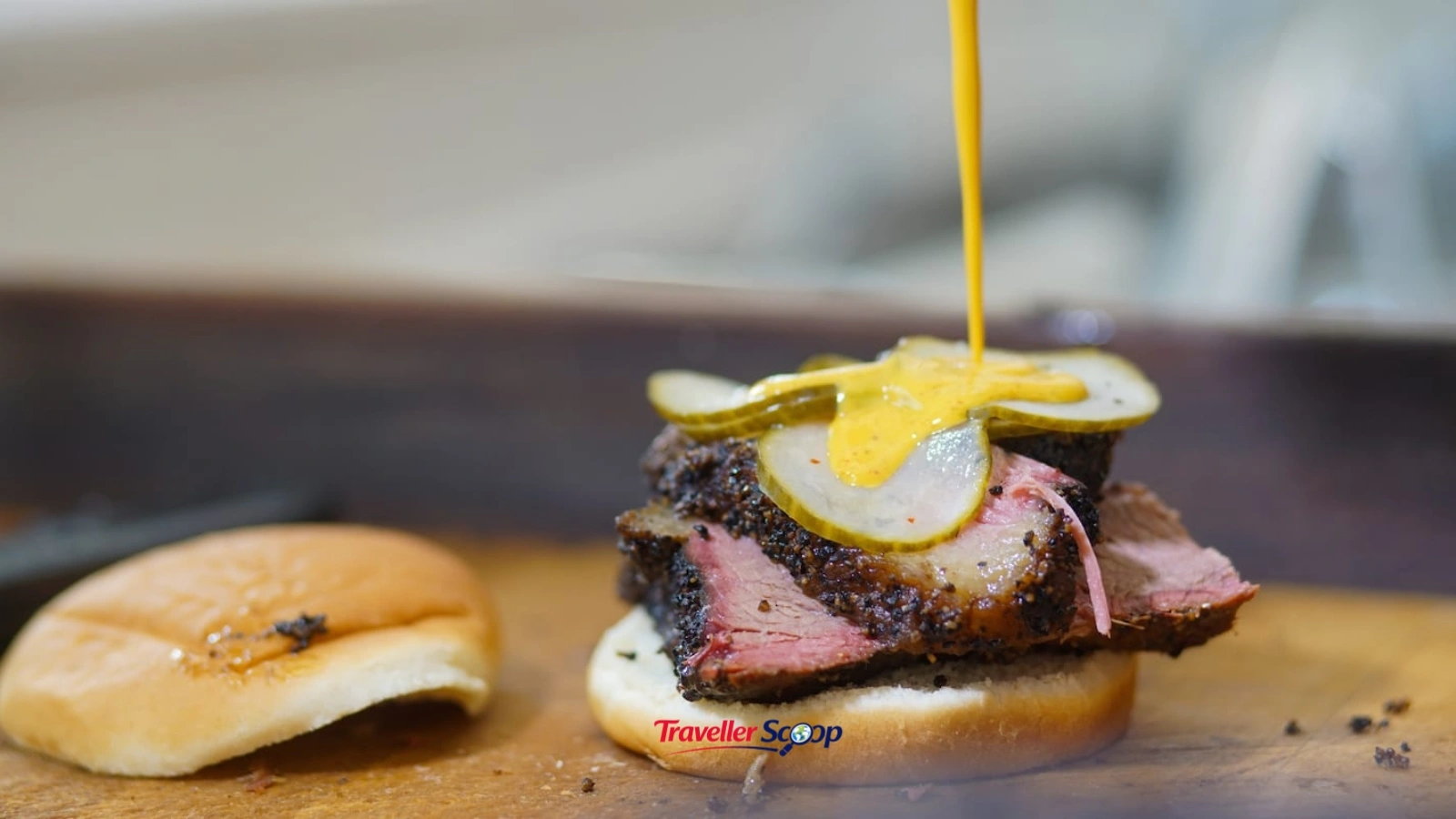 Texas-style brisket served with Carolina mustard-based sauce Texas-style brisket served with Carolina mustard-based sauce