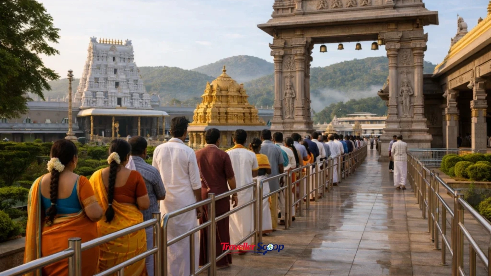 Devotees queuing outside Tirumala temple entrance Devotees queuing outside Tirumala temple entrance