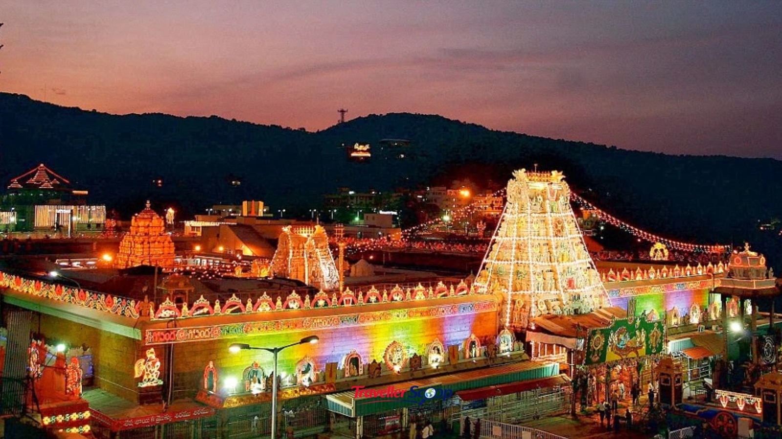 Tirumala temple gopuram lit up at night Tirumala temple gopuram lit up at night