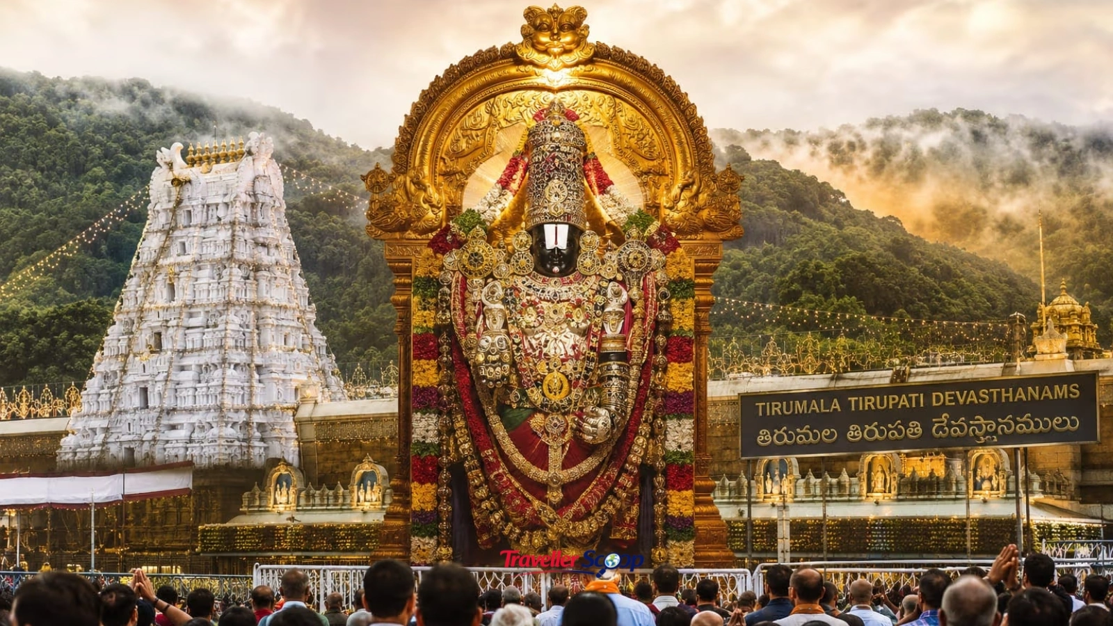 Devotees in traditional attire outside Tirumala temple Devotees in traditional attire outside Tirumala temple