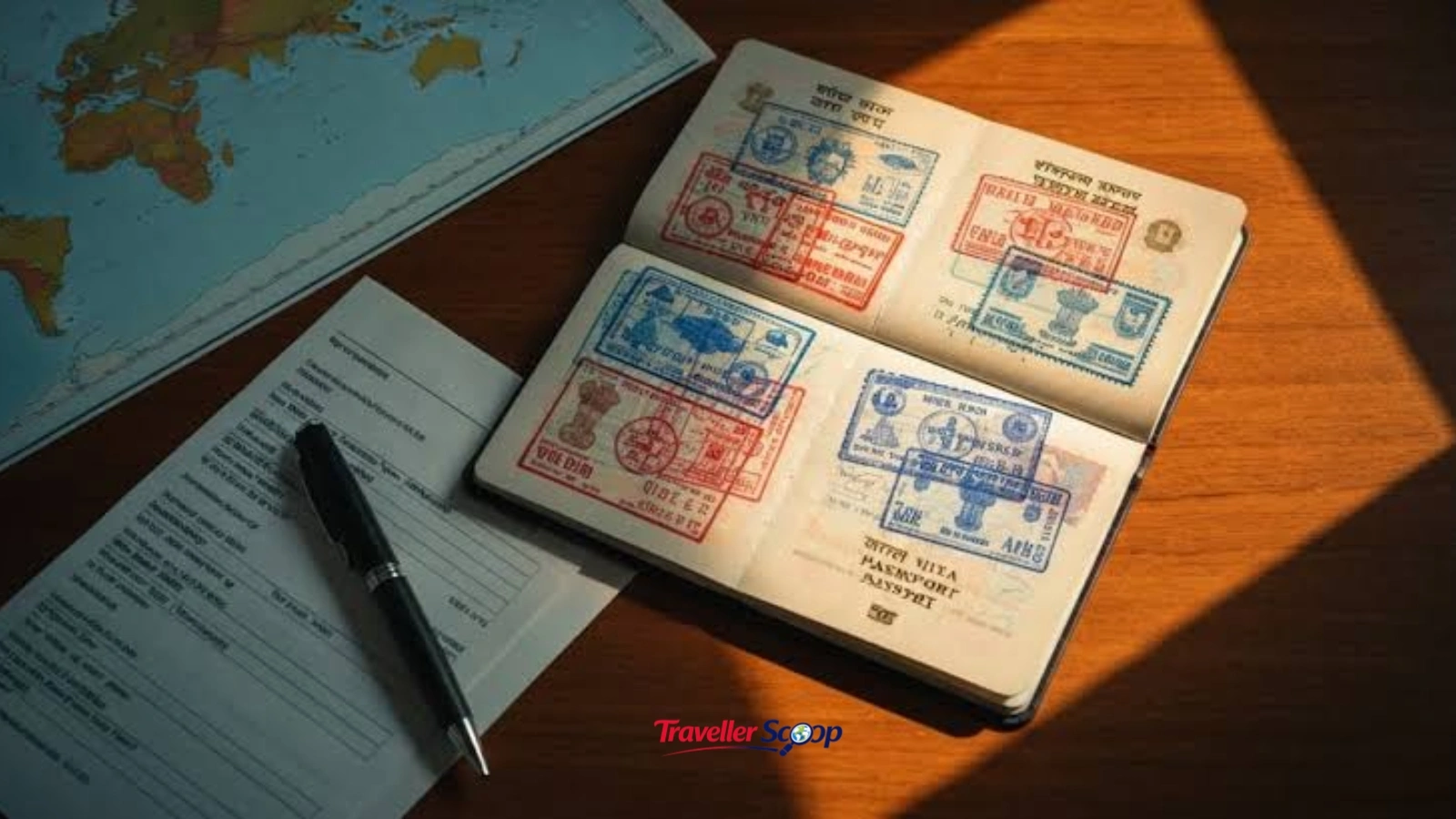 Indian passport and boarding pass placed on a world map for international travel planning Indian passport and boarding pass placed on a world map for international travel planning