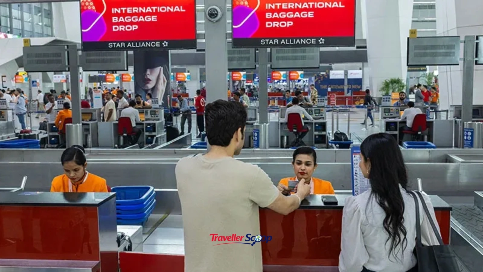 first international flight passenger checking passport at airport counter