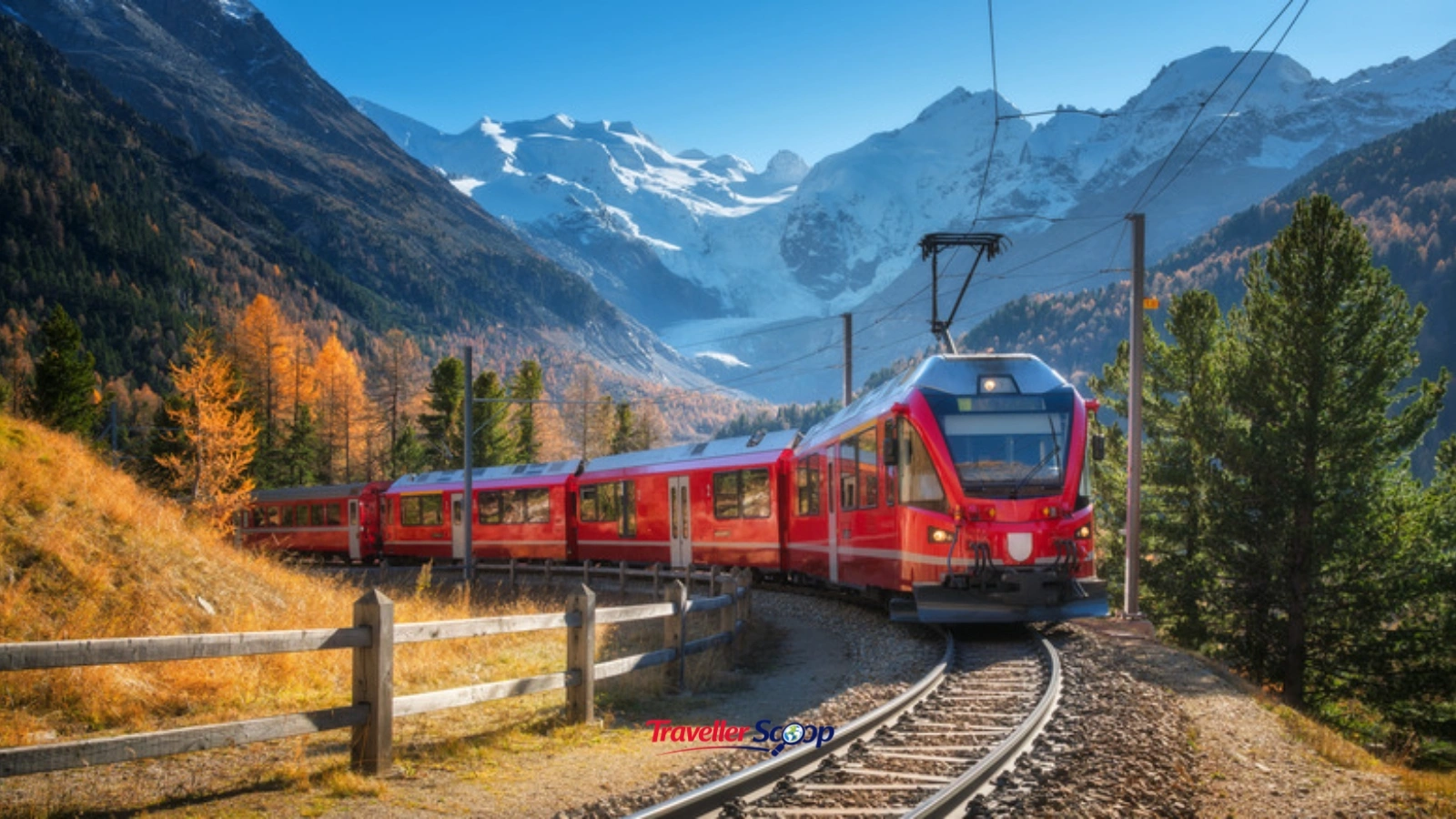 Snow-capped Swiss Alps with a mountain train