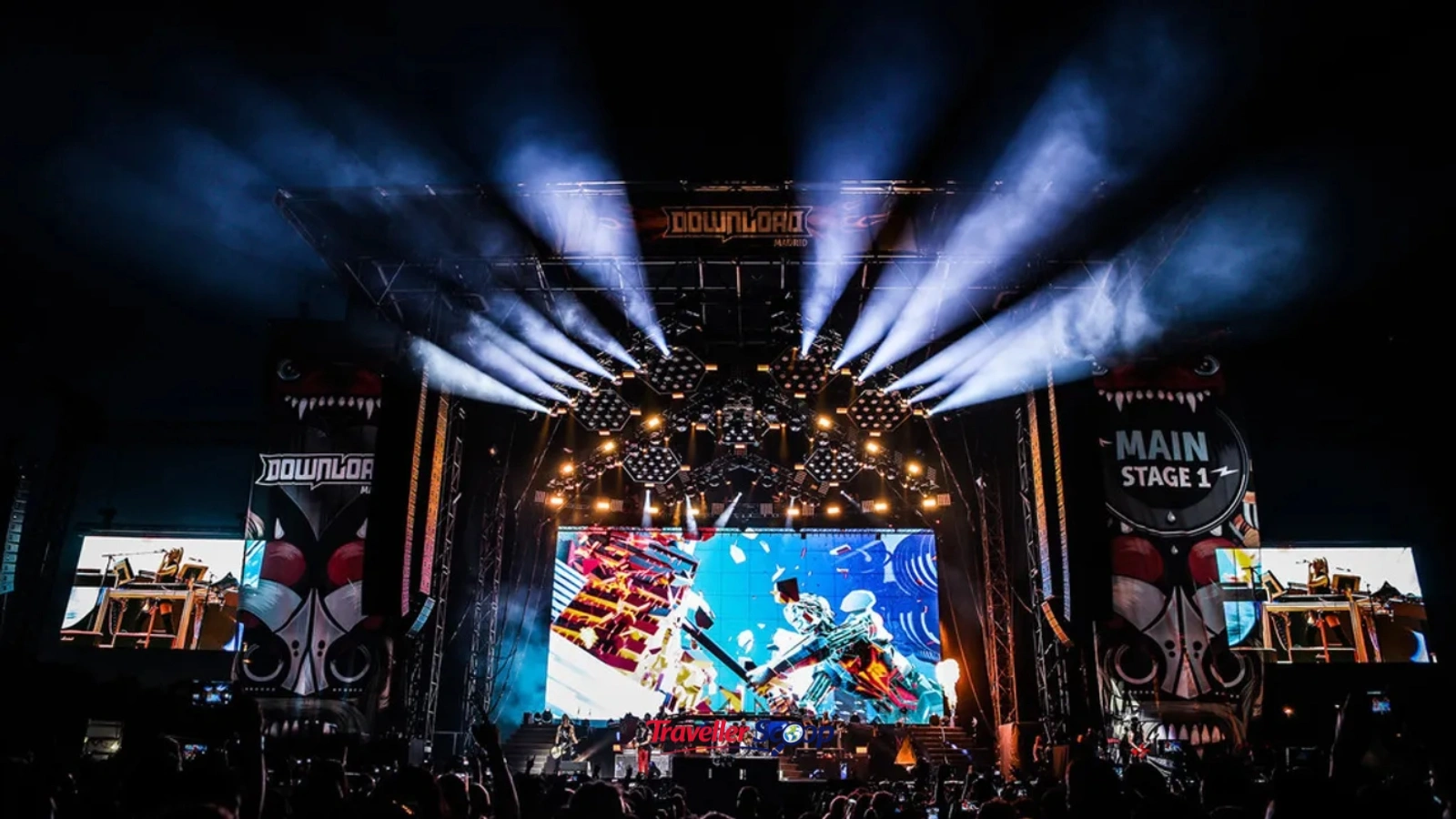 Guns N’ Roses live concert stage setup with rock band lighting” Guns N' Roses live concert stage setup with rock band lighting"