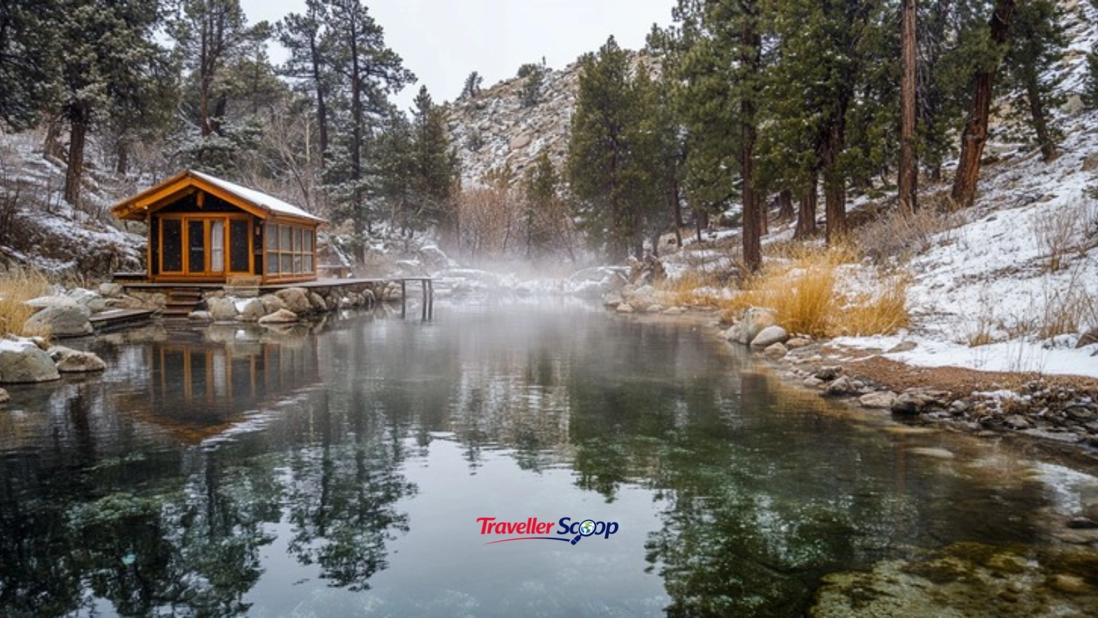 a photo of a wooden cabin beside a calm lake with reflection a photo of a wooden cabin beside a calm lake with reflection