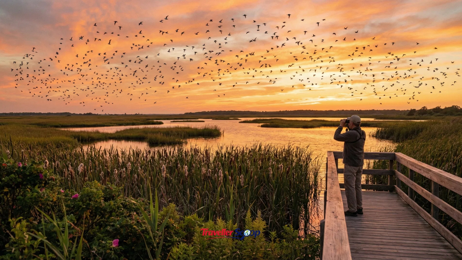 Birdwatchers at the Cape May hawk watch platform during fall migration in New Jersey