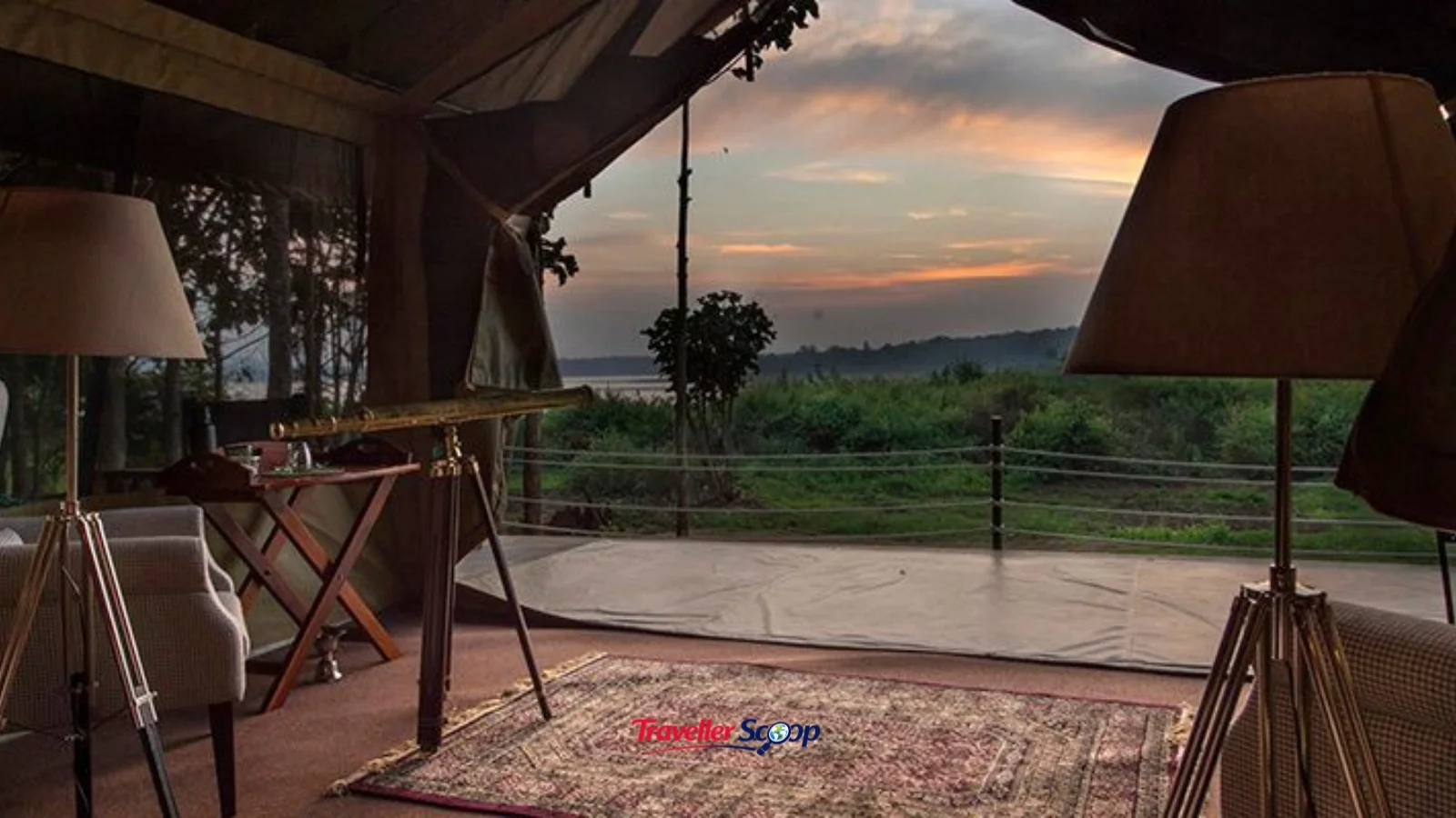 Private tented suite at a luxury safari lodge in India overlooking forest