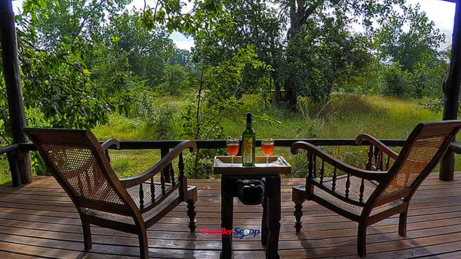 Riverside cottage deck at a jungle lodge in Madhya Pradesh near Kanha