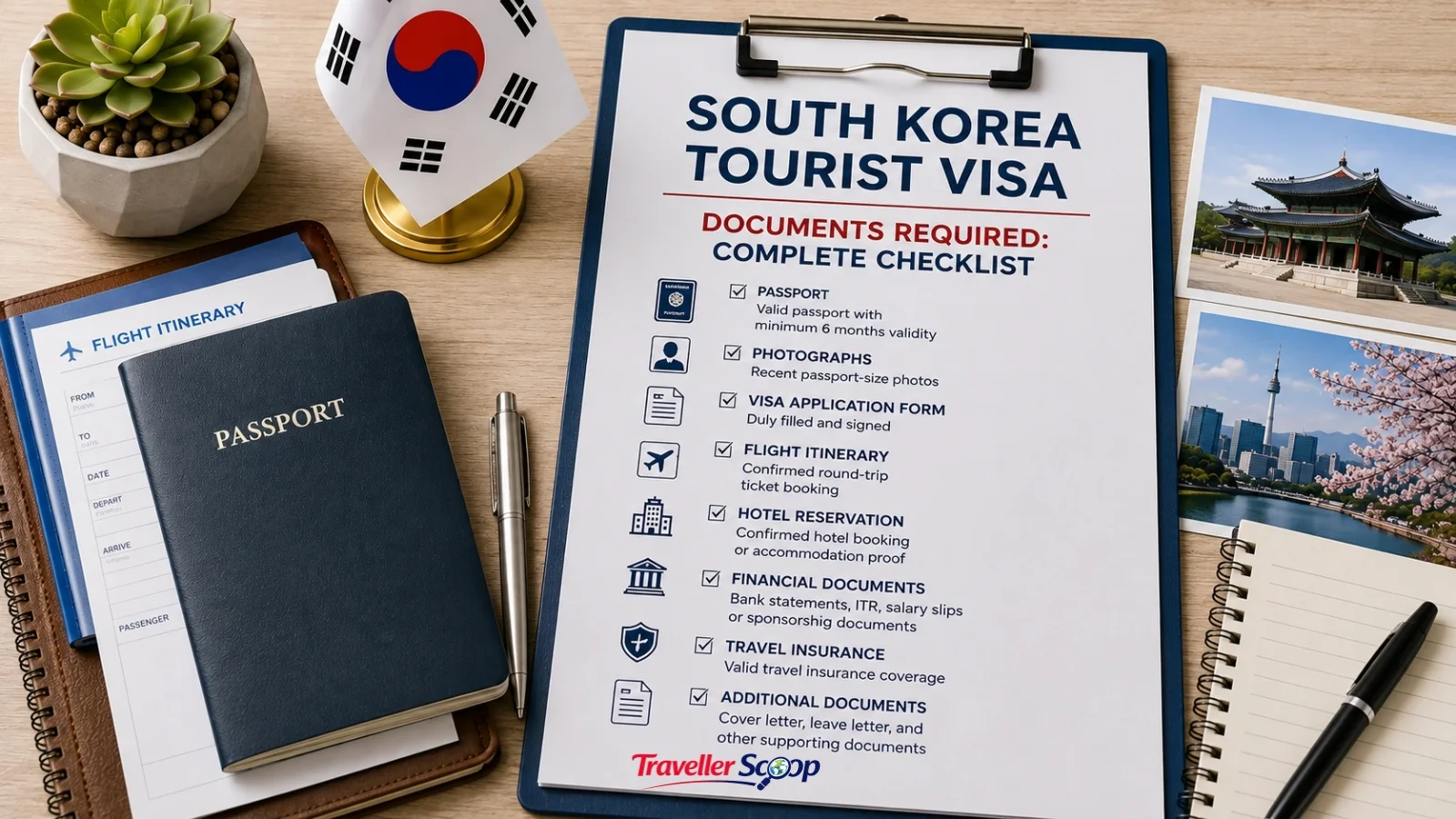 Indian passport and C-3-9 South Korea tourist visa for Indians application form on a desk