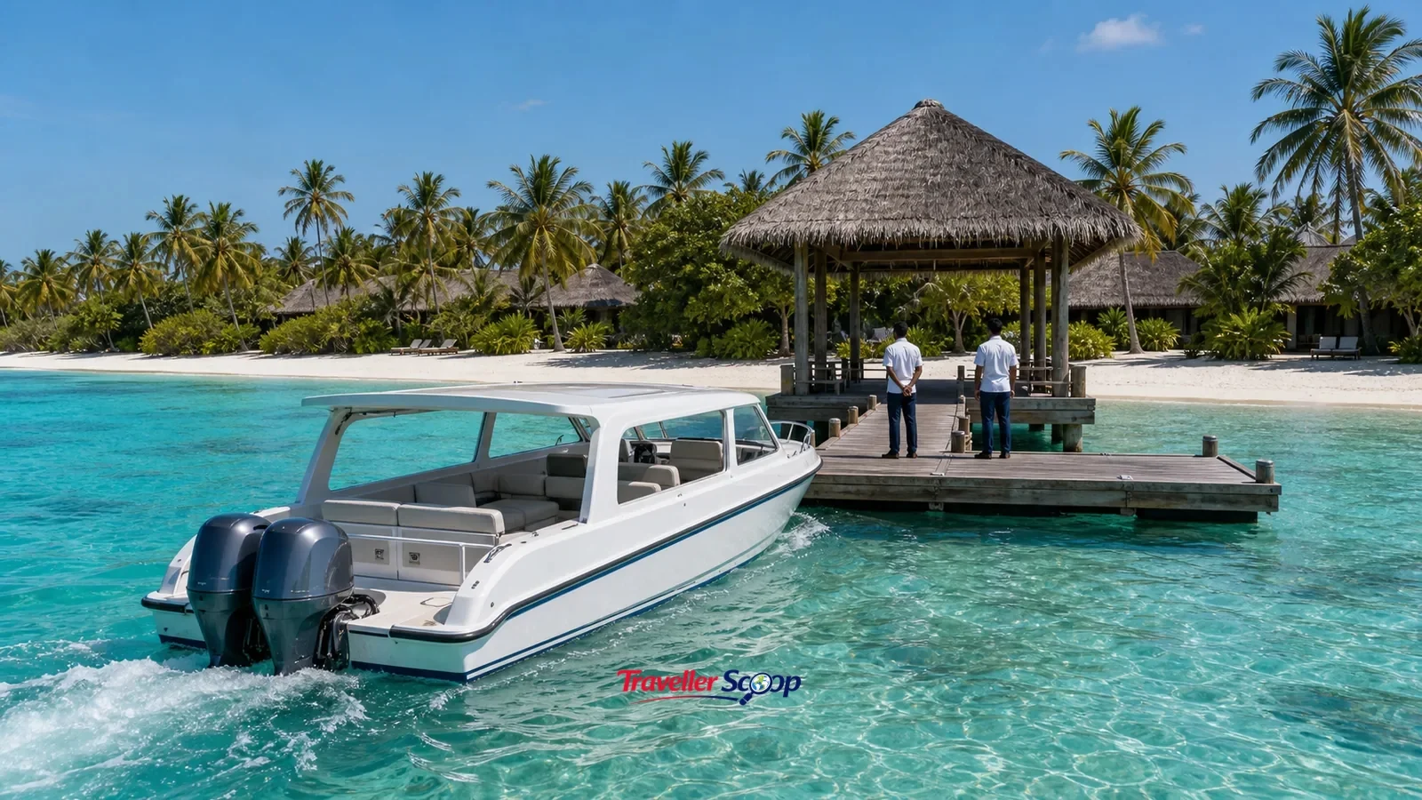 Speedboat arriving at a Maldives resort jetty, a hidden transfer cost in Private Island Resorts vs Local Beach Towns Speedboat arriving at a Maldives resort jetty, a hidden transfer cost in Private Island Resorts vs Local Beach Towns