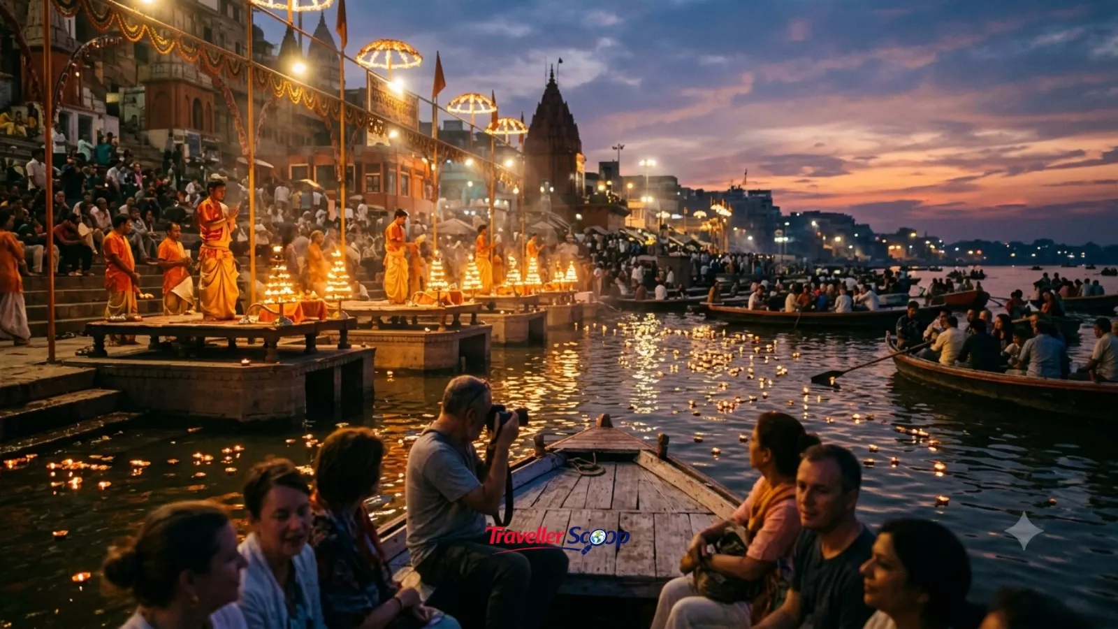 Ganga Aarti at Varanasi ghats during Diwali for budget travellers
